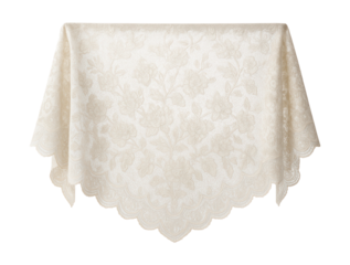 Lace shawl with scalloped edges and floral designs.