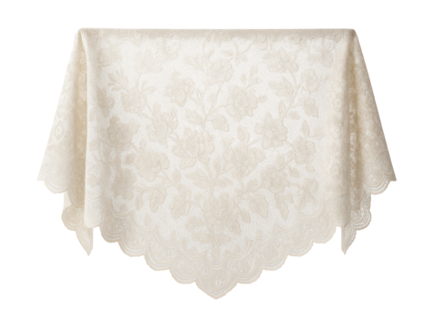 Lace shawl with scalloped edges and floral designs.