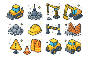 Colorful Demolition Icons. Demolition site. Colorful isometric vector icons set of demolition site: bulldozer, wrecking debris, crane, excavator, rubble pile,