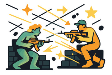 Dynamic Combat Scenery. Crossfire. Glowing combatants crouching behind stone walls while abstract bullet trails cross the air. Floating icons of sparkle,