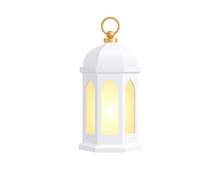 A white lantern with a golden handle and light shining through the windows.