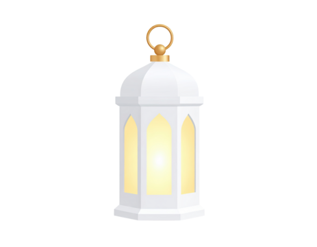 A white lantern with a golden handle and light shining through the windows.