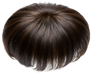 Natural dark brown wig or hairpiece on a pristine white background, transparent background png