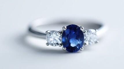 Exquisite Platinum or White Gold Three Stone Ring, boasting a deep blue oval sapphire flanked by two round brilliant white diamonds, isolated against an absolute white backdrop. Bright, even