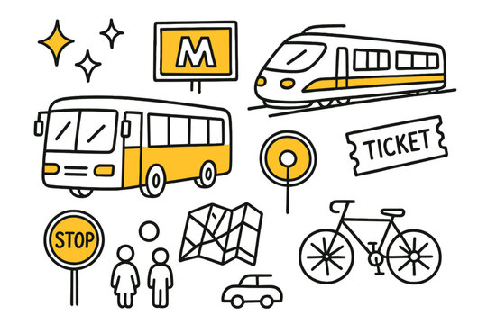 Colorful Transit Doodles. Public Transportation. Hand-drawn doodle illustration bus (colored), train (colored), metro sign (colored), sparkle, star, ticket