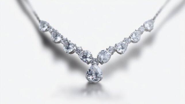 Elegant diamond necklace with intricate settings, gleaming against a pure white background, showcasing exquisite craftsmanship and brilliant facets.
