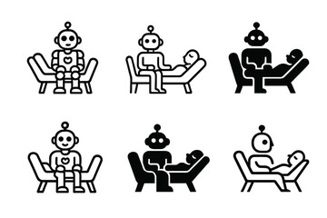Robotic Empathy Logos. Robotic empathy and emotional response. Set Logo of Robotic empathy and emotional response: robot therapist sitting beside a couch.