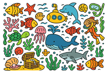 Naklejka premium Vibrant Underwater Adventure. Underwater world. Colorful Hand-drawn doodle Children illustration Underwater world fish, dolphins, whales, sharks, coral,