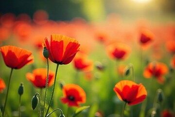 Obraz premium Vibrant Red Poppies Swaying Gently in Soft Sunlight A Stunning Springtime Floral Tapestry