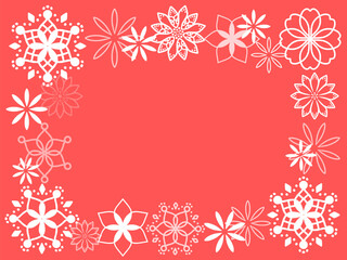 クリスマスイメージのボタニカル背景。赤の花と雪の結晶の壁紙。Christmas-themed botanical background. Wallpaper with light blue flowers and snowflakes. Fancy lace-style paper.