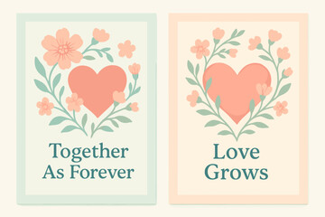 Blooming Love Banners. Growth in Love. Two vertical A6 banners with safe margins, centered composition, no elements touching edges, pastel style, mint and
