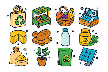 Green Market Icons. Green Market. Colorful isometric vector icons set of green market: reusable bag, vegetable stall, fruit basket, fish stand, cheese wheel,