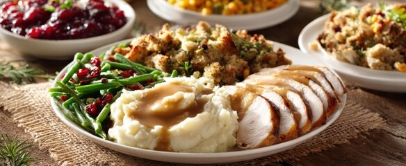 The turkey dinner plate with mashed potatoes and classic Thanksgiving sides