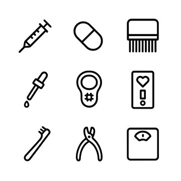 Animal Care Icons. Outline icon set of preventative animal care: vaccine syringe, deworming pill, flea comb, ear dropper,