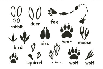 Animal Tracks Doodle. Animal Tracks. Hand-drawn doodle illustration Animal Tracks paw print footprint snow trail forest rabbit deer fox bear bird squirrel