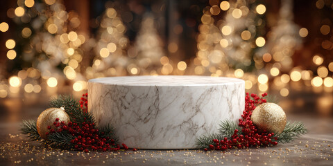 Round white marble podium decorated with christmas ornaments, red berries, fir branches and golden bokeh lights for product presentation, advertising and promotion