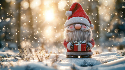 cute Christmas gnome dressed as Santa Claus, standing in snow, red hat covering eyes, holding small gift box, fantasy winter background,