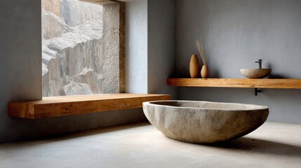 Modern bathroom interior featuring a unique stone bathtub, wooden shelves, and minimalist decor, with a large window showcasing natural rock formations, creating a serene and tranquil atmosphere