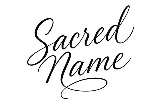 Sacred Script Style. Sacred Name ? Script Hand-Lettering, flowing semi-cursive brush style with thin connectors, tilted diagonal composition, expressive black