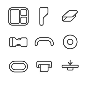 Bento Box Icons. Outline icon set of meal-prep bento box elements: compartment tray, divider insert, lid snap, buckle latch, carry