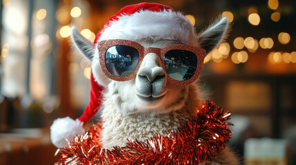 Dramatic llama in Santa hat with sparkly sunglasses, disco ball and tinsel scarf, striking sassy pose, holiday party meme