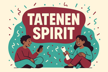 Tatenen Spirit Celebration. Tatenen Spirit banner, flat vector illustration, bold oversized text inside rounded blob, cartoon characters sitting and chatting,