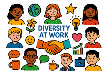 Fototapeta premium Diverse Workplace Icons. Diversity at Work. Colorful Hand-drawn doodle Children illustration people icons, handshake, globe, star, heart, smiley face, light