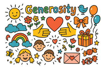 Fototapeta premium Generosity Doodle Celebration. Generosity. Colorful Hand-drawn doodle Children illustration heart, hands giving, gift box, flowers, balloons, ribbon, smiling