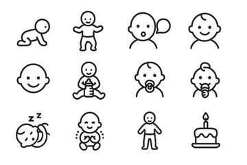 Baby Milestone Icons. Baby achievement chart. Line icon set of Baby achievement chart: crawling baby, first steps, first words, sitting baby, smiling baby,