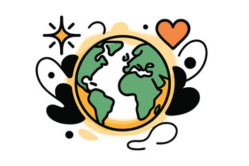 Glowing Earth Icons. Earth View. A glowing Earth with continents and oceans, abstract floating spark and heart icons symbolizing life. Modern flat-line