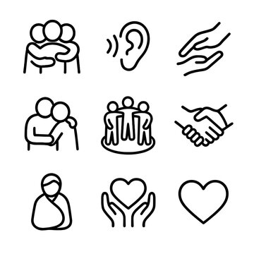 Emotional Support Icons. Outline icon set of emotional support: group hug, open ear listening, helping hand, phone helpline,
