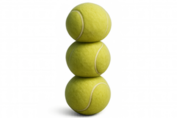 Three tennis balls balancing on top of each other, representing stability, precision, and athletic challenge on a transparent background