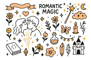 Naklejka premium Romantic Fantasy Elements. Romantic Magic. Hand-drawn doodle illustration Couple, kiss, heart, magical sparkles, wand, glowing aura, stars, moon, cloud,