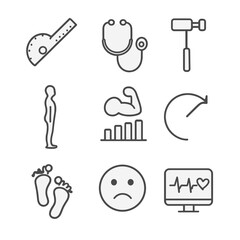 Obraz premium Assessment Tools Icons. Outline icon set of assessment tools: goniometer, stethoscope, reflex hammer, posture silhouette, strength