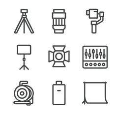 Film Equipment Icons. Outline icon set of behind-the-scenes equipment: tripod, camera lens, gimbal, light stand, spotlight, audio