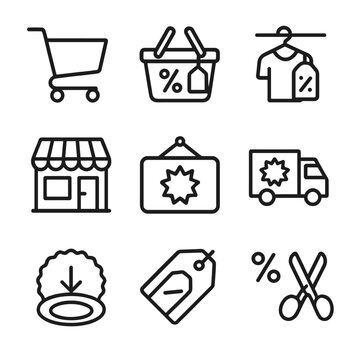 Bargain Hunt Icons. Outline icon set of bargain hunting items: shopping cart, sale basket, clearance rack, bargain sign, thrift