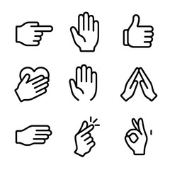 Fototapeta premium Hand Gesture Icons. Outline icon set of hand gestures for emphasis: pointing finger, open palm, thumbs up, clenched fist, hand on
