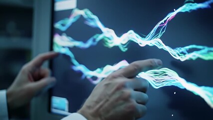 Close up of a scientist wearing a white lab coat using a touch screen display with glowing abstract neural network patterns in vibrant blue green and - Powered by Adobe