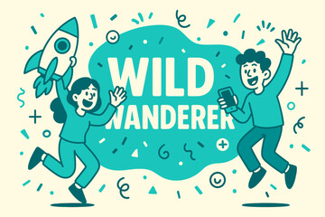 Wild Wanderer Banner. Wild Wanderer banner, flat vector illustration, bold oversized text inside rounded blob, cartoon characters jumping and waving, holding