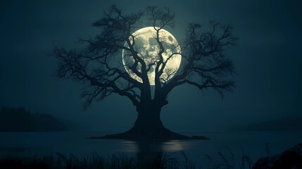 A dark silhouette of a tree against the backdrop of a large moon.