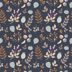 Cute&nbsp;seamless pattern with colourful hand drawn fallen leaves, poppy seed heads, rose hips, berries and groundcherry. Bright autumn tiling background, textile, wrapping paper. Cozy fall wallpaper.