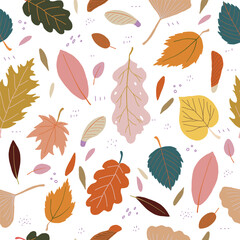 Cute&nbsp;seamless pattern with colourful hand drawn fallen leaves and maple seed pods. Bright autumn tiling background, textile, wrapping paper. Cozy fall wallpaper.