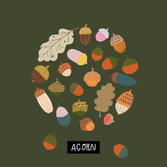 Cute doodle style acorns and oak leaf vector collection isolated on dark green background. Hand drawn circle shape autumn set. Clipart of fall harvest of nuts.