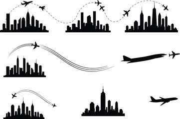 Obraz premium Silhouettes of airplanes flying over city skylines, aviation travel, urban architecture, global transportation, modern flight journey illustration