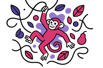 Monkey Swinging Jungle. Scenic View. Hand-drawn doodle illustration Scenic View river boat tree bridge cloud sun bird fish waves camera binoculars hat. Simple