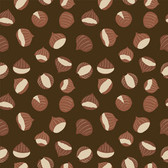 Cute seamless pattern with hand drawn roasted chestnuts. Bright autumn tiling background, textile, wrapping paper. Cozy fall wallpaper.