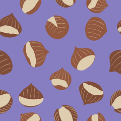 Cute seamless pattern with hand drawn roasted chestnuts. Bright autumn tiling background, textile, wrapping paper. Cozy fall wallpaper.