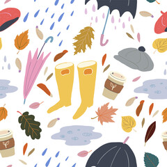 Cute seamless pattern with colourful hand drawn umbrellas, rubber boots, hats, rain drops and fallen leaves. Bright autumn tiling background, textile, wrapping paper. Cozy fall wallpaper.
