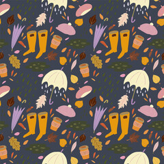 Cute seamless pattern with colourful hand drawn umbrellas, rubber boots, hats, rain drops and fallen leaves. Bright autumn tiling background, textile, wrapping paper. Cozy fall wallpaper.