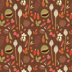 Seamless pattern with hand drawn fallen leaves, poppy seed heads, rose hips, berries, maple seed pods, pine cone, chestnuts. Bright autumn tiling background, textile, wrapping paper. Fall wallpaper.